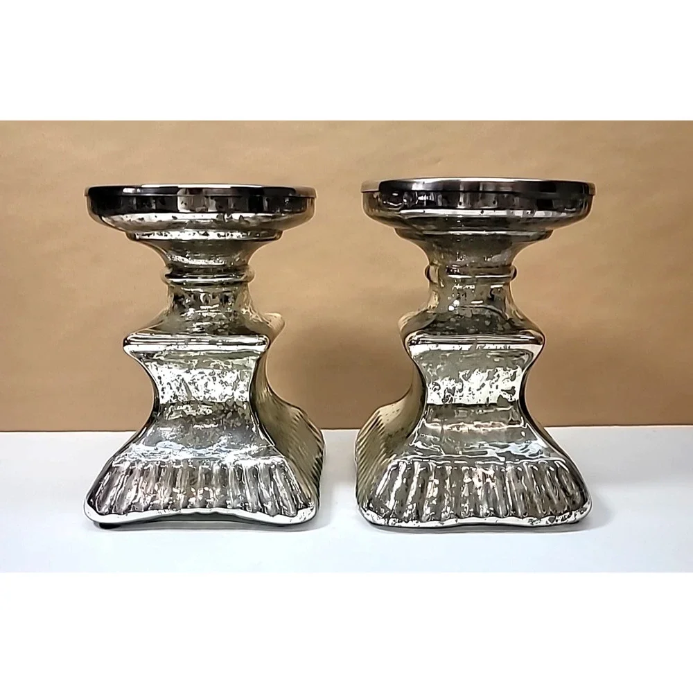 Pair Of Mercury Glass‎ Pillar Candle Holders 7.25” Tall-Square Base